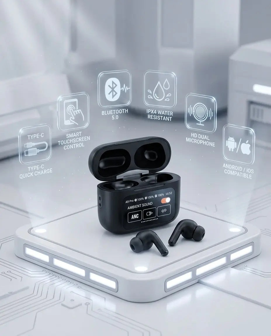 A9 Pro Airpods Wireless Earbuds with Full Touch Screen Case & ANC/ENC